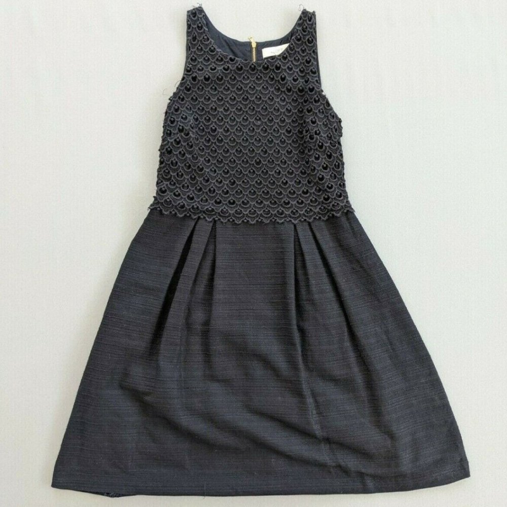 LOFT Size 4 Women Black Crochet Top Fit & Flare Dress Linen Blend Sleeveless EUC